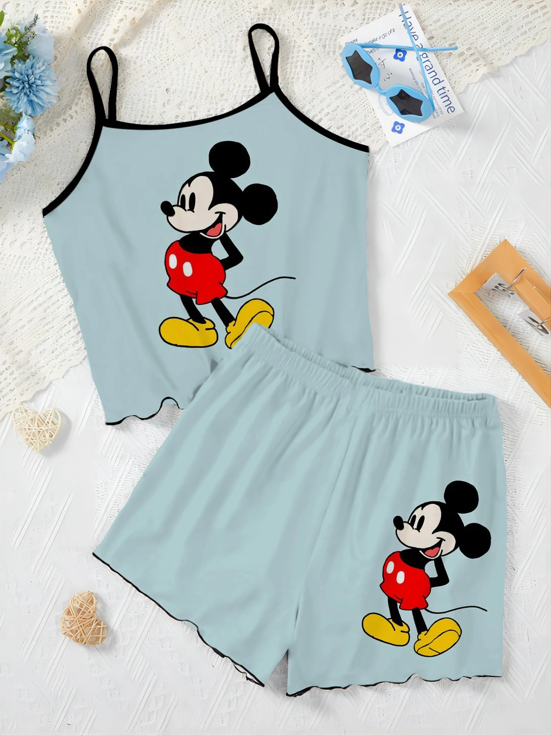 Disney-Saia de pijama e camiseta feminina Minnie Mouse, guarnição de alface, conjuntos curtos, vestido para casa, top Mickey, terno elegante, 2 peças