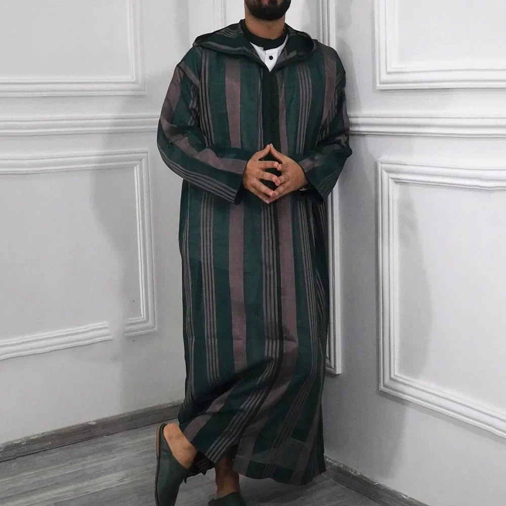 Robe musulmane à capuche rayée avec fermeture éclair pour hommes, patchwork arabe islamique, streetwear décontracté, automne, 2023