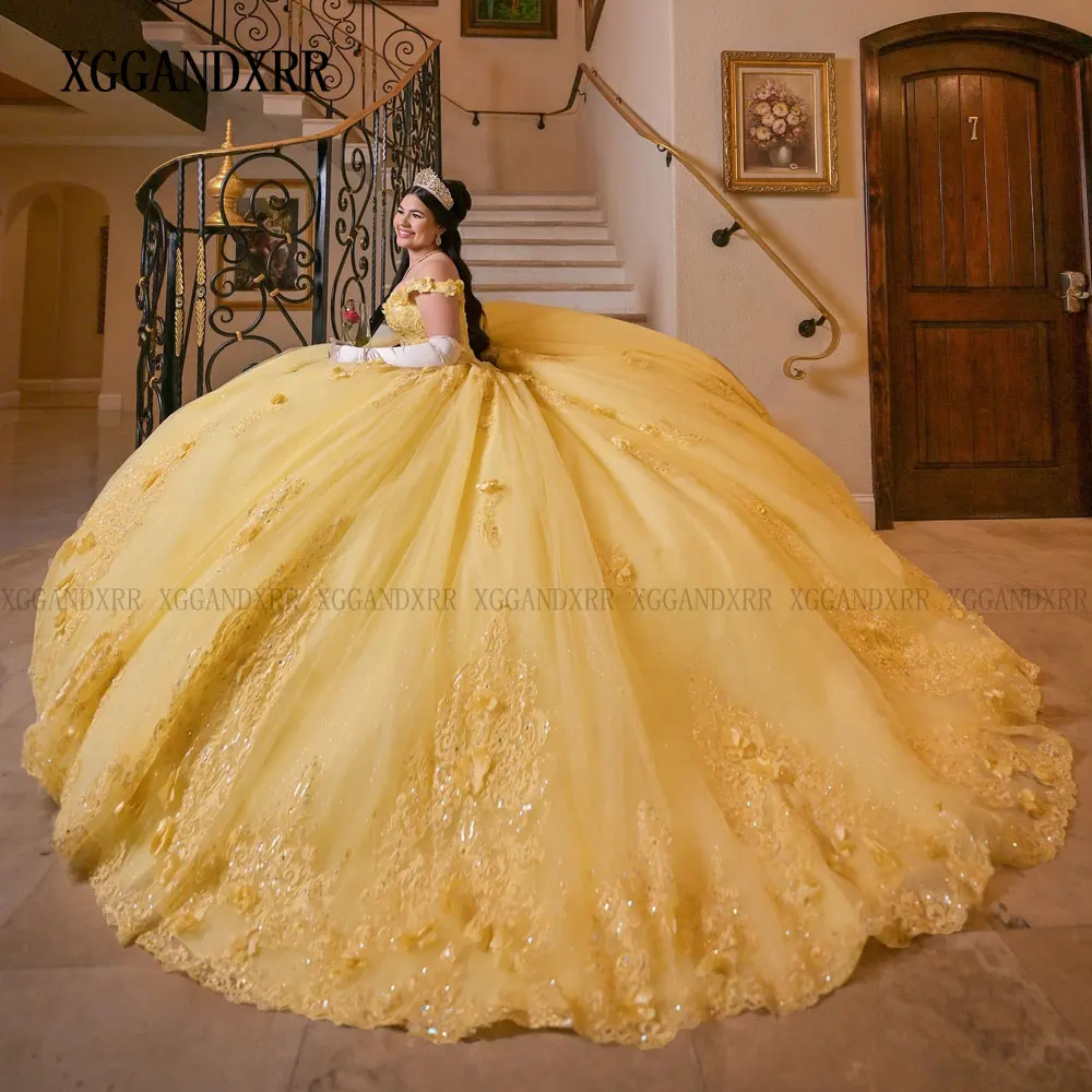 Customized Elegant Yellow Ball Gown Quinceanera Dress 2025 Luxury Sweetheart Lace Appliques Puff Sweet 16 Dress Vestido De 15