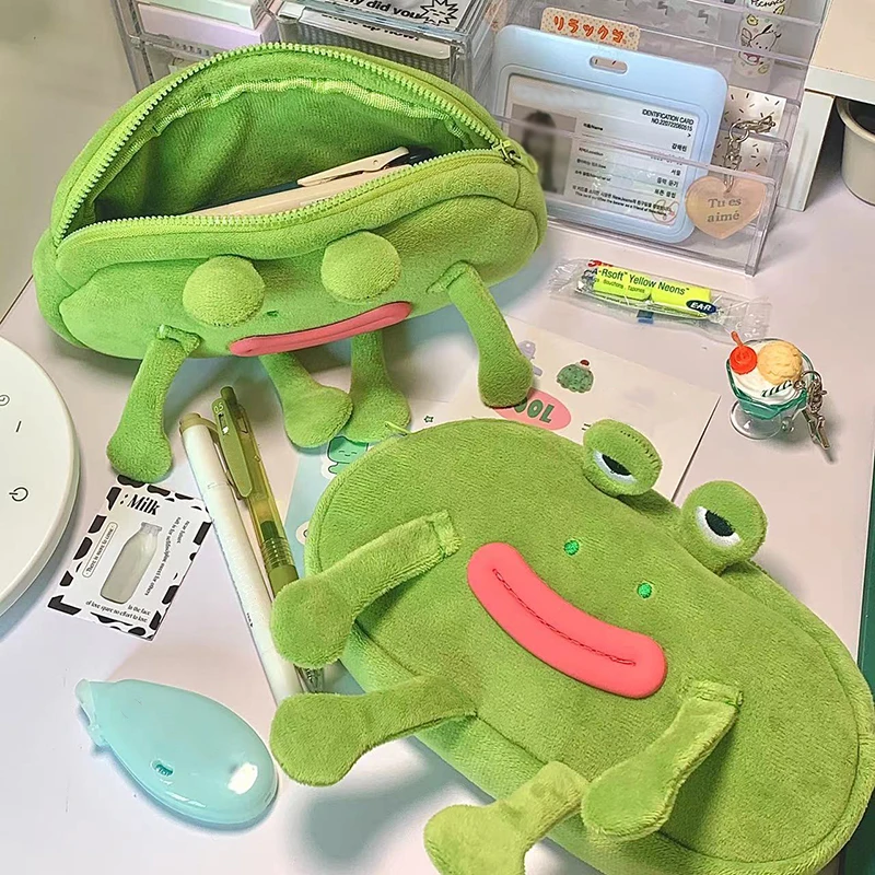 Cute Cartoon Frog Pen Case Large Capacity Pencil Storage Bag Girls Makeup Brush Sundries Pouch Home Bathroom Travel Organization