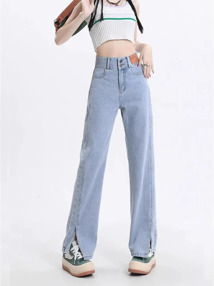 High Waist Narrow Wide Leg Jeans Women's Summer Slimming Design Split Straight Floor-Length Pants Light Color Denim Trousers