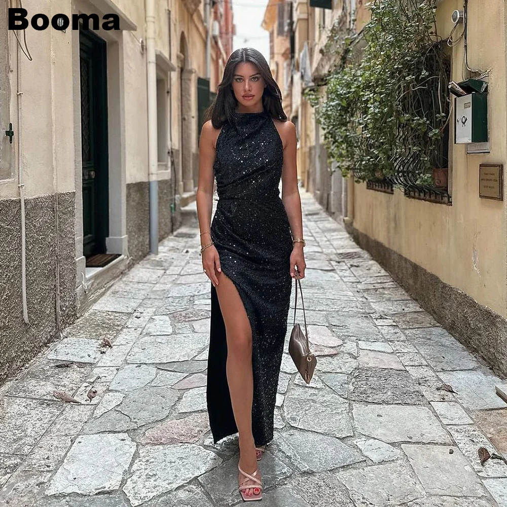 

Booma Shiny Black Mermaid Evening Dresses Halter Sleeveless Sequined Party Prom Gowns Side Leg Slit Special Occasion Dress gala