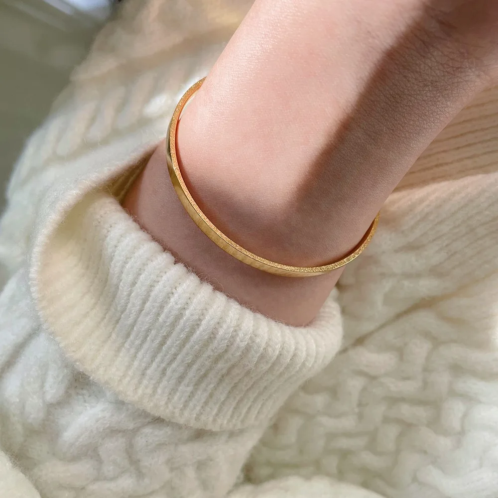 Stainless Steel Simple Sanding Non Adjustable Bracelet Bangle 18K Gold Color Plated Waterproof Fashion Statement Jewelry Gift