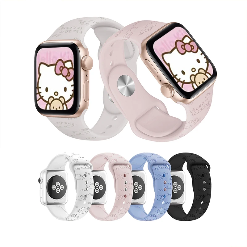 Hello Kitty Stitch Silicone Strap For Apple Watch Band 38-45mm Saniro  3D laser engraving iWatch series se 7 5 6 8 9 Ultra 2