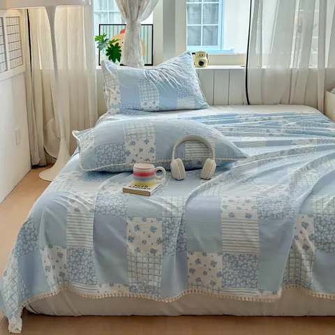 2026 Spring Summer Floral Print Double Gauze Bed Sheet with Fringe Lace Trim