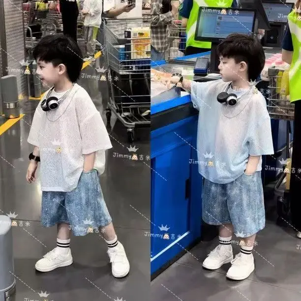 Baby Boys Summer Children Suits Kids Fashion casual Jean Cute White TShirt+Shiny Shorts 2Pcs Sets Handsome Hip hop Streetwear