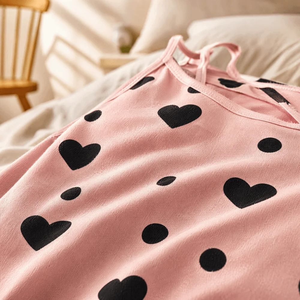 Plus Size Strap Pajama Set Heart Ultra Soft Printed Cami Pajama Set Breathable Tank Top+Short 2-Piece Loungewear Set Sleepwear