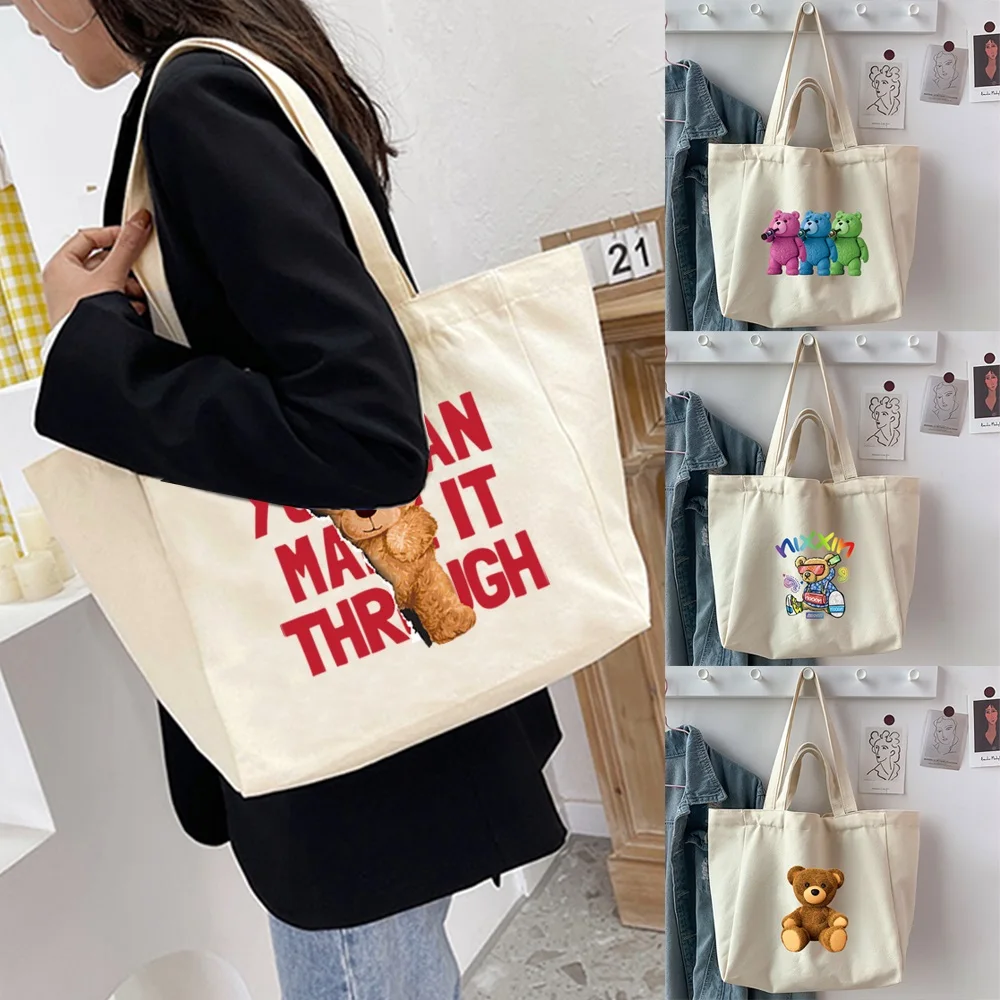 

Foldable Shopping Bags Totes Ladies Canvas Shoulder Bags Bear Pattern Printed Student Shopper Bags Travel Work Handbag Pouch
