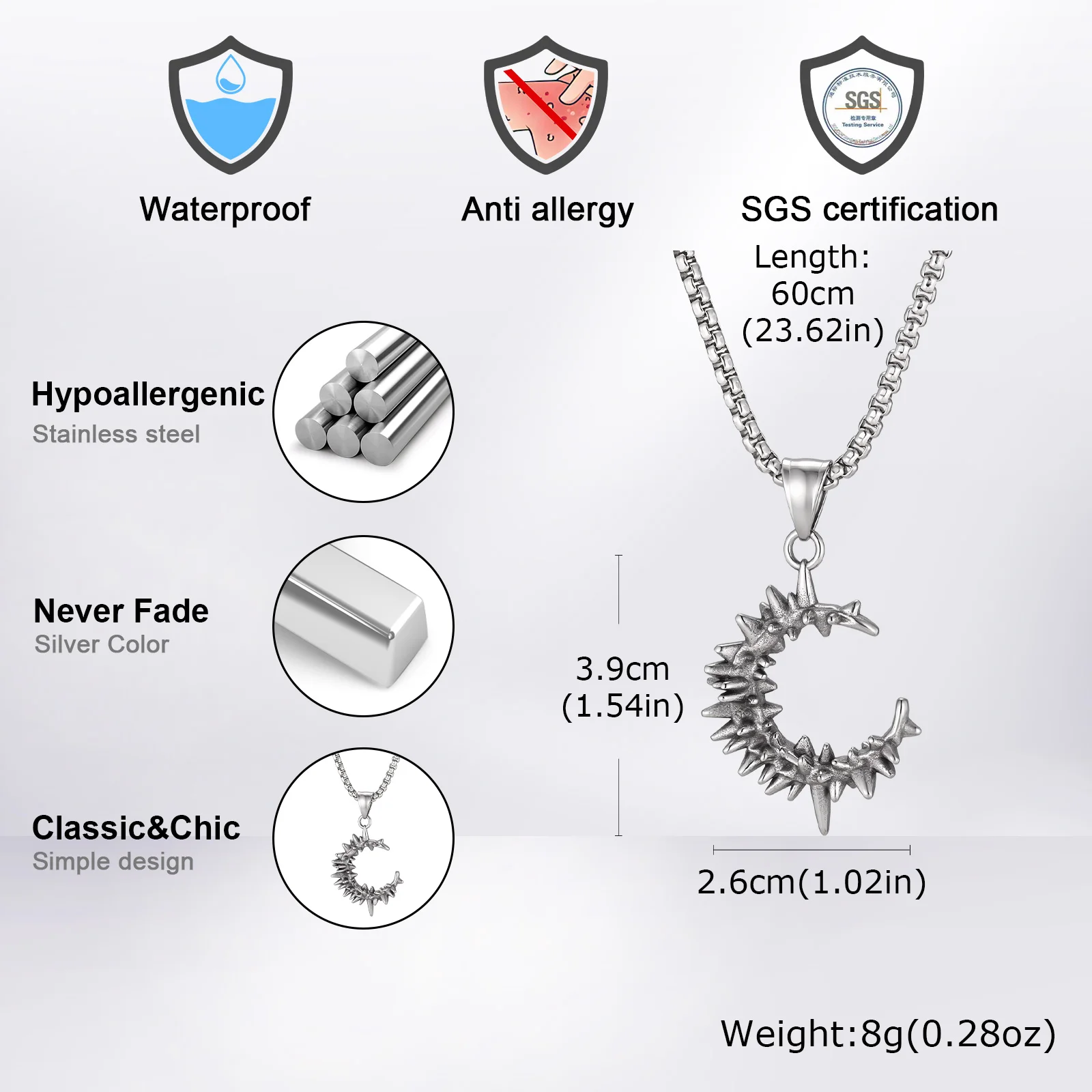 Gotische Dornenmond-Halskette für Männer und Jungen, Vintage Edelstahl C-Form Anhänger-Halskette, Geburtstagsparty Schmuck Geschenk – Detail 1
