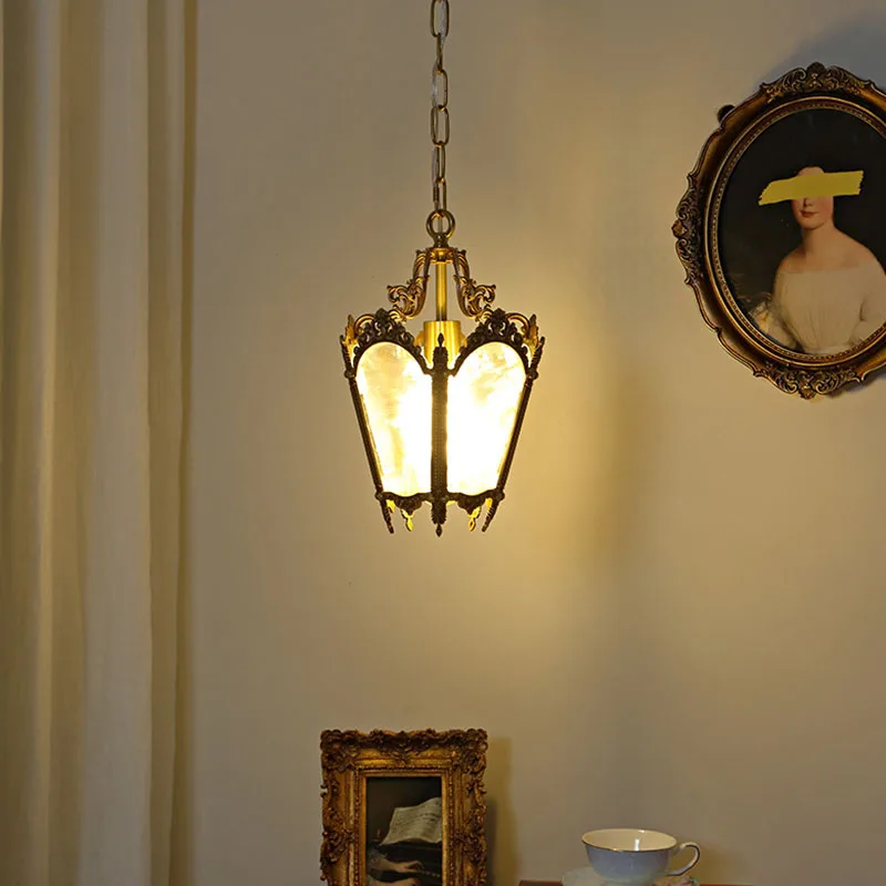 French-Style Retro Copper Ice Flower Glass Small Chandelier Bedside Balcony Porch Pendant Lighting Cloakroom Hanging Lamp