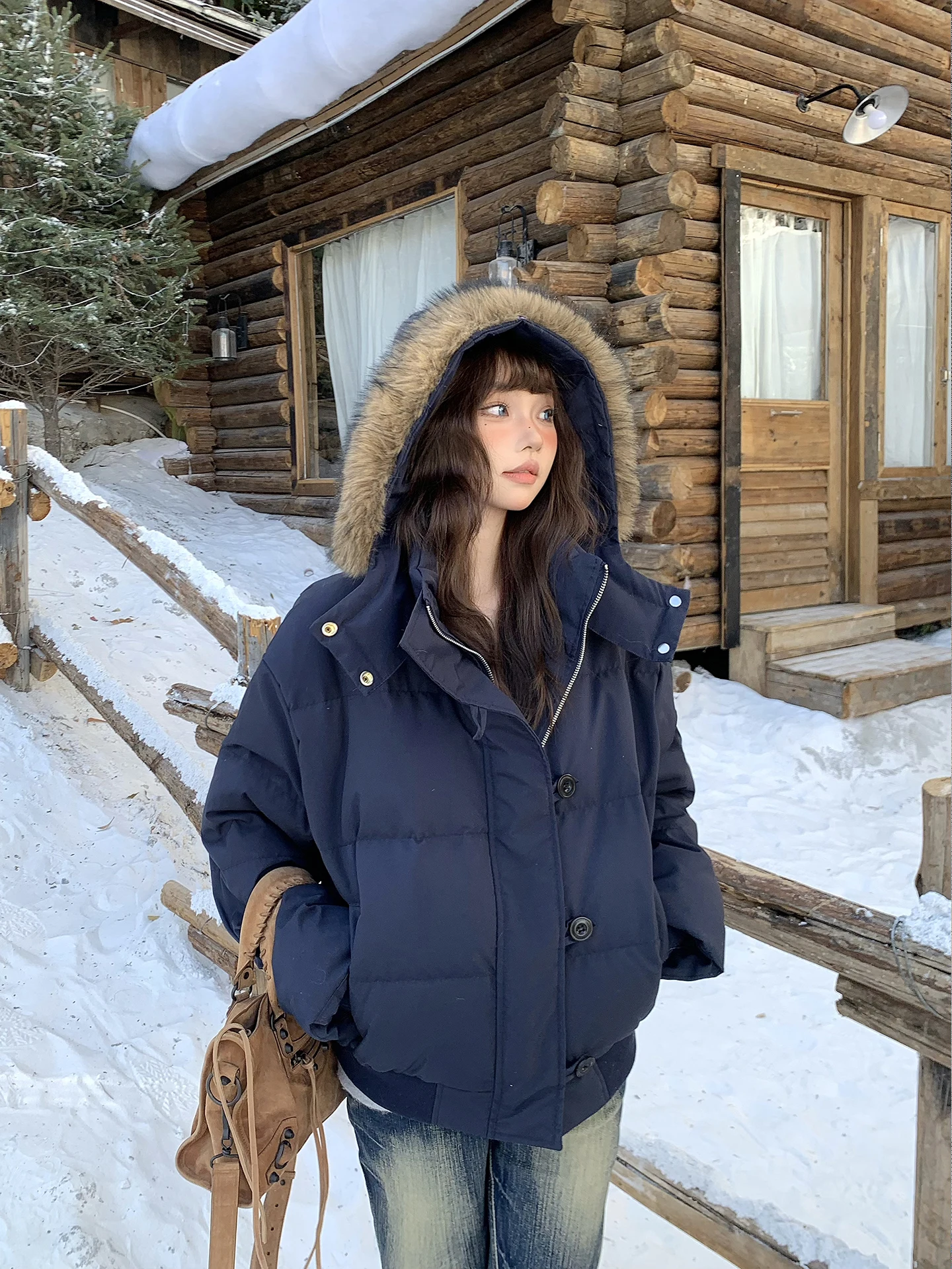 

Ретро-куртка в американском стиле с капюшоном, на 90% из пуха, с пушистой подкладкой, теплая женская стеганая куртка из хлопка, с длинными рукавами, на одной пуговице