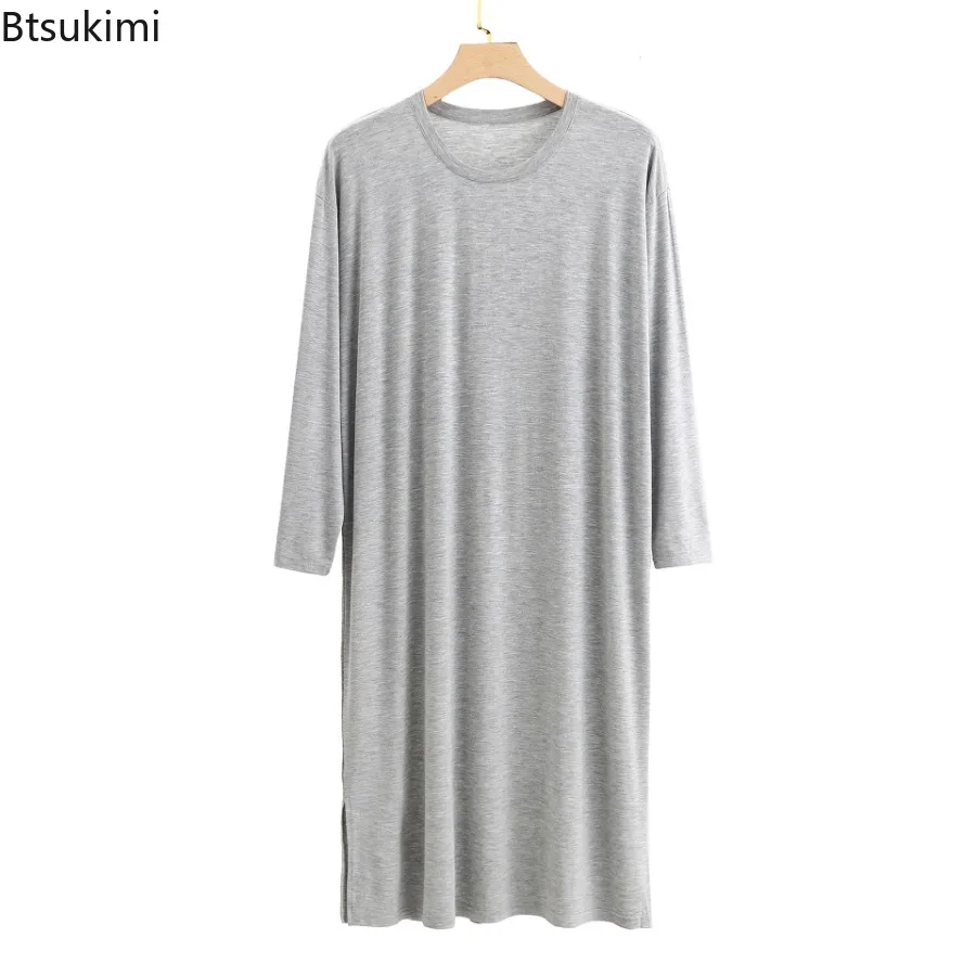 New 2024 Men\'s O-Neck Long Sleeve Robes Homewear Mid-long Knee Length Soft Comfortable Modal Nightwear Men Solid Thin Bathrobe