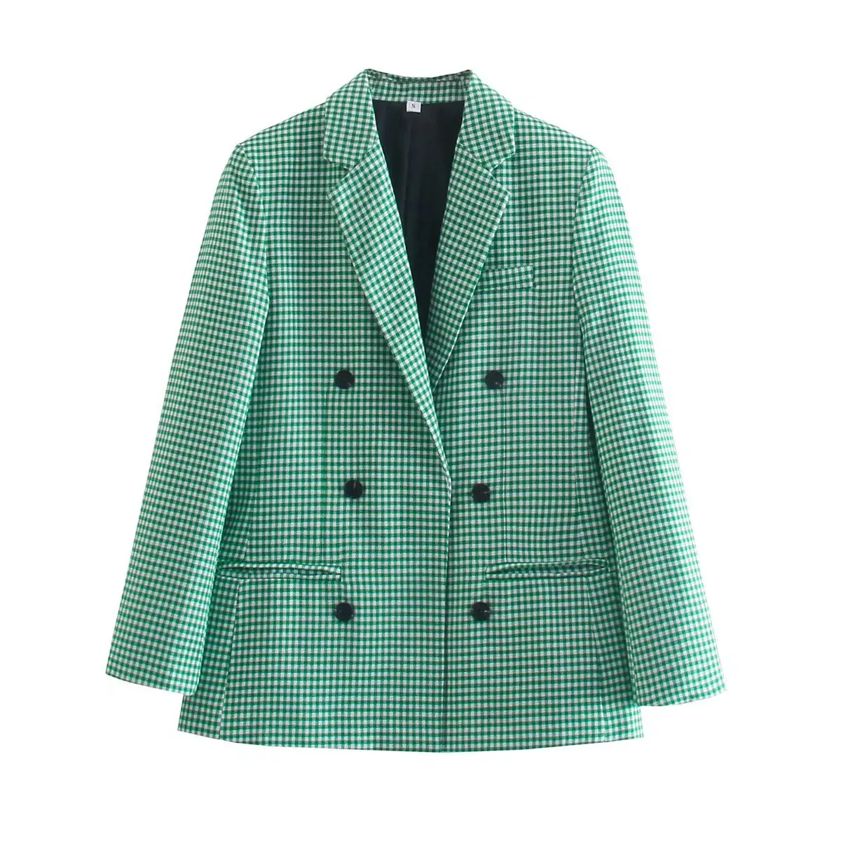 New Vintage Houndstooth Women Woolen Blazer Double Breasted Plaid Female Suit Jacket Fashion Korean Outerwear Loose Blaser Coat