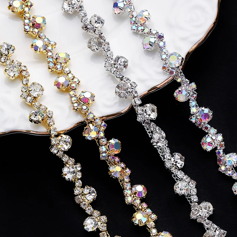 DUCRYSTARL 1Yard Rhinestone Trim Crystal Chain Gold/Silver Claw Crystal Sewing Craft DIY Wedding Dress Decoration