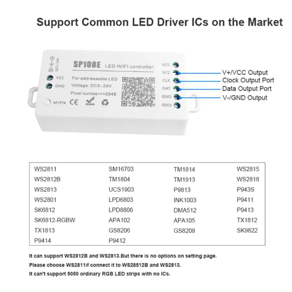 SP108E indirizzabile LED Wifi Dimmer Controller DC 5-24V 2048 pixel per SK6812 WS2812 programmabile RGB LED magia striscia di colore