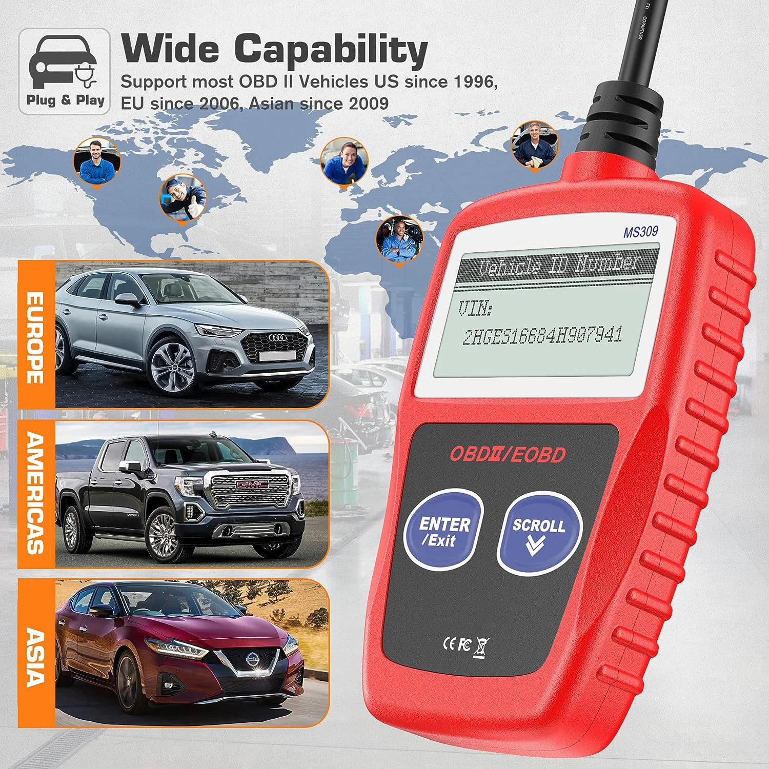 MS309 Multi-Language Automotive Engine Error Code ReaderCheck Engine Light and Emissions Monitoring StatusOBD2 CAN Scan Tool