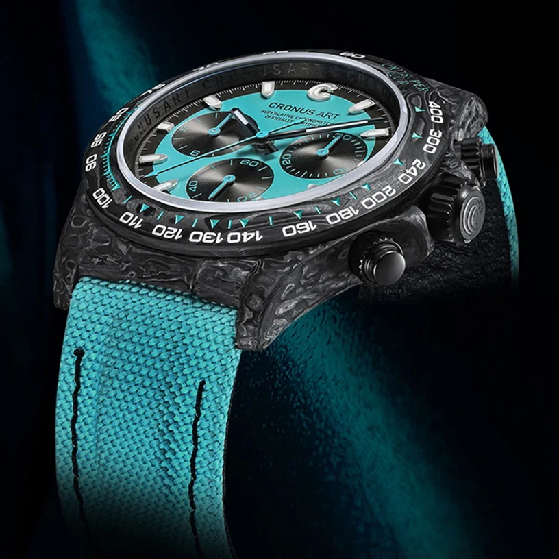 ساعة كرونوغراف للرجال من كرونوسارت 40 ملم، ساعة يد ميكانيكية أوتوماتيكية من ألياف الكربون، قماش مضيء، حزام جلدي رياضي #4