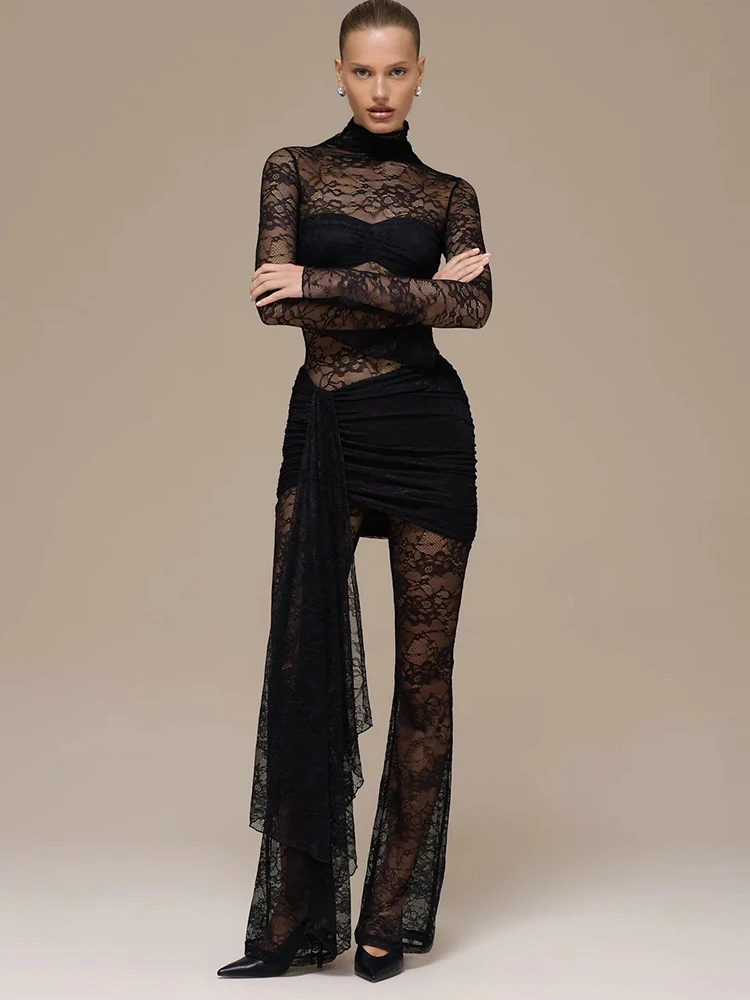 Oniflyme 레이스 패치 워크 쉬어 섹시한 점프 슈트 여성 가을 ​​라운드 넥 긴 소매 셔링 플레어 점프 슈트 우아한 파티웨어 롬퍼