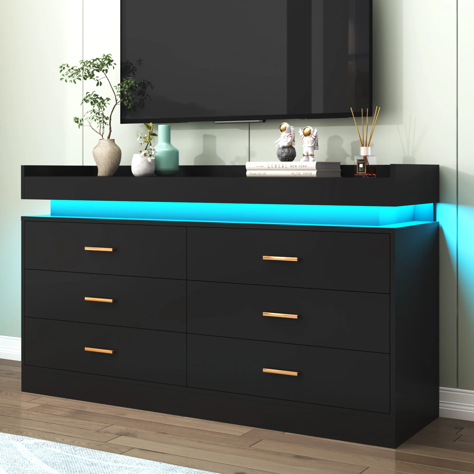 6 Drawer Dresser with LED Light, Modern Chest of Drawers for Closet, Wide Drawer Organizer Cabinet for Bedroom, Living Room