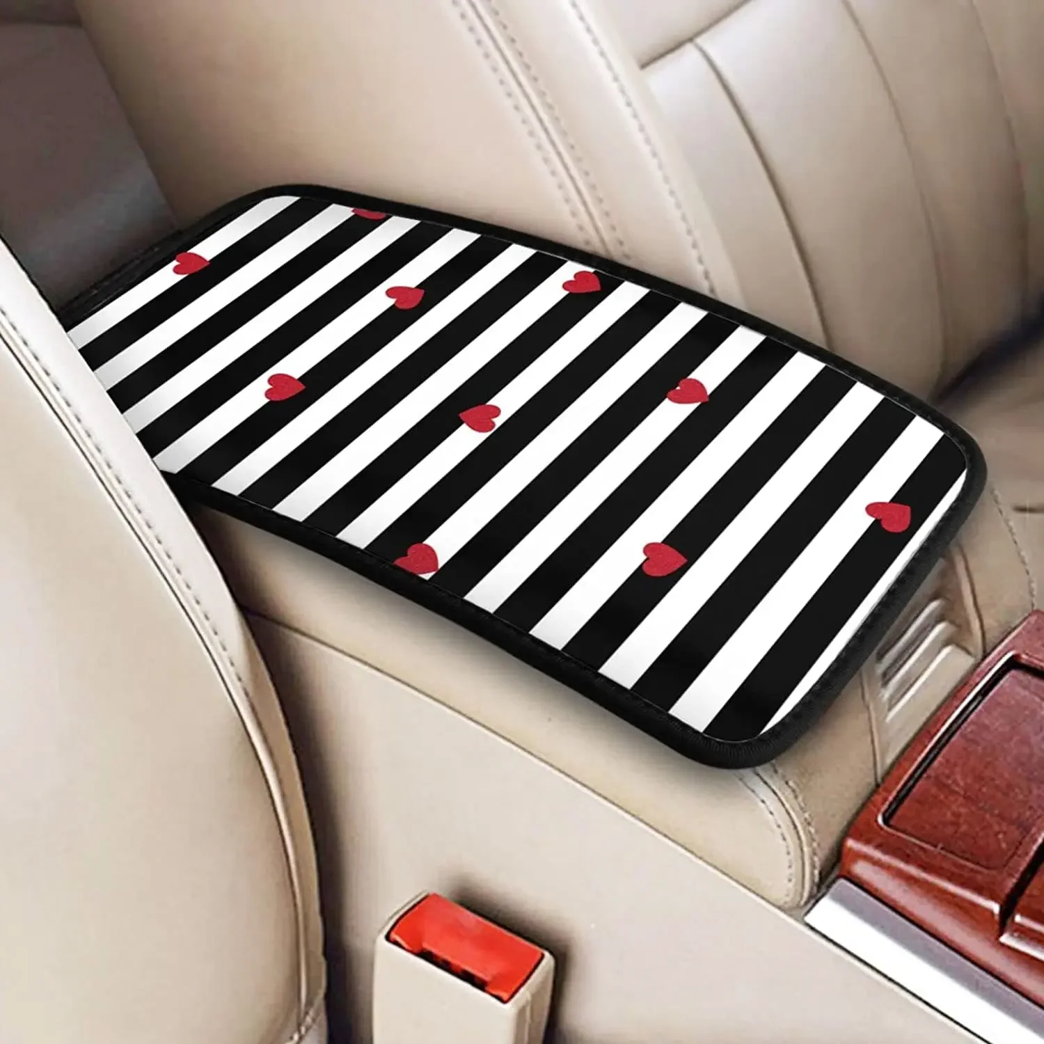 Black White Stripes Red Hearts Car Center Console Armrest Cover Pad, Seat Armrest Box Protector Universal Car Trim, Suit