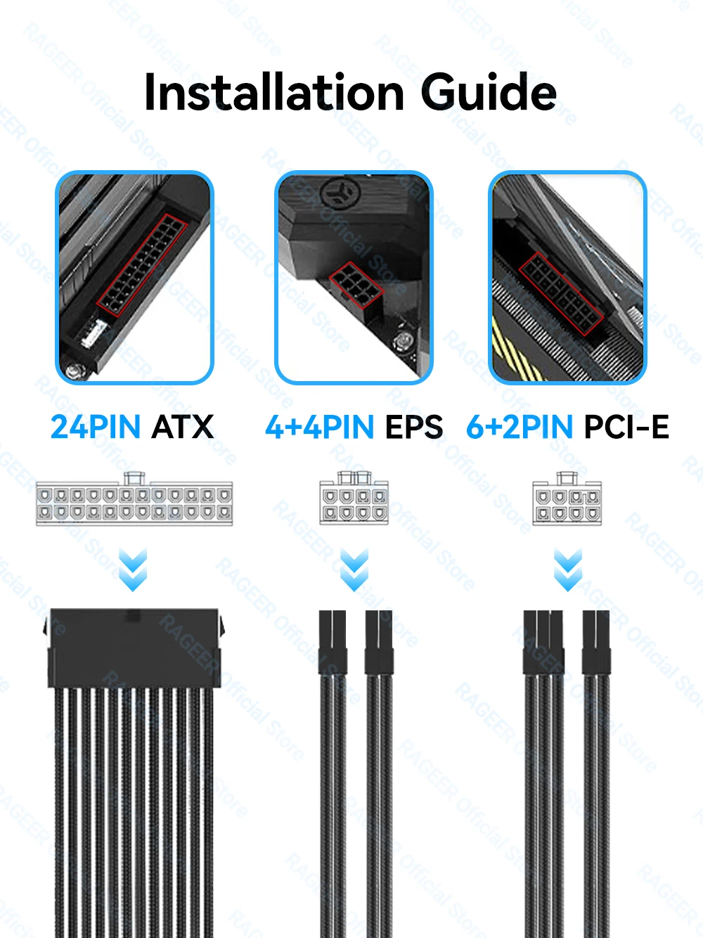 RAGEER Netzteil-Verlängerungskabel-Set, Motherboard, ATX, 24-polig, GPU, PCI-E, 6 + 2-polig, 8-polig, CPU, EPS, 4 + 4-polig, 18 AWG, Netzkabel mit Kämmen – Detail 2