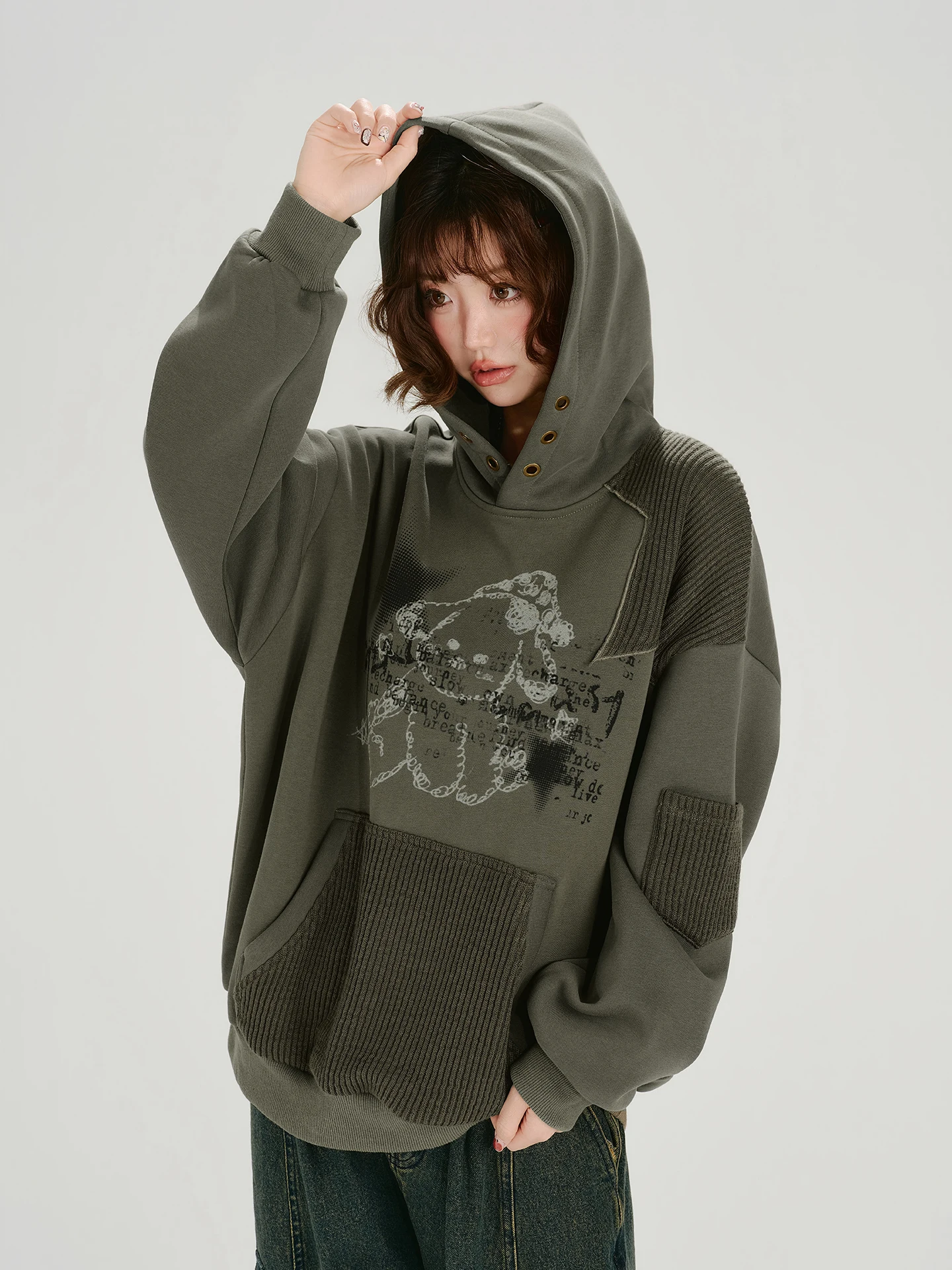 Girlyhalo American Style Retro Hooded Printed Patchwork Fleece Women's Loose Casual Sweatshirt Autumn Winter New Arrival