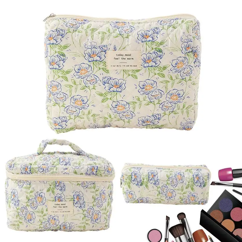 Flower Makeup Bag 3pcs Cotton Makeup Bag Travel Cosmetic Quilted Pouch Aesthetic Toiletry For Ladies Girl Multifunction Storage