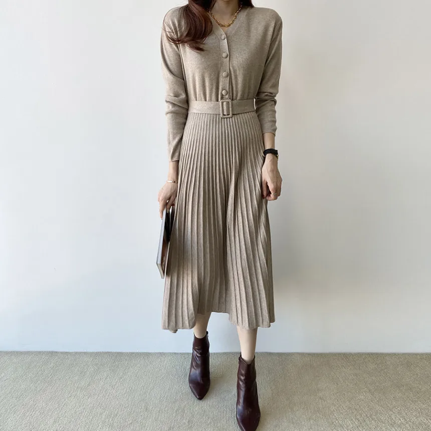 Elegante V-Ausschnitt einreihige Frauen verdicken Pullover Kleid 2023 Herbst Winter gestrickt Gürtel weibliche A-Linie weiche Kleider