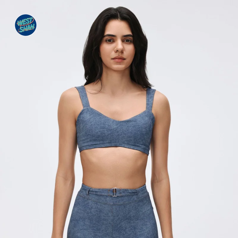 WESTSHAN Retro Denim Sports Bra High-Waisted Tight-Fitting Elastic Running Training Leggings Sports Yoga Outfit Set For Women