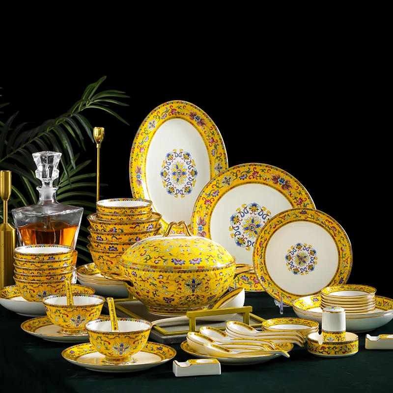 

Bowl and dish combination set ceramic tableware enamel tracing gold gifts royal tracingBone dinner set wedding gift