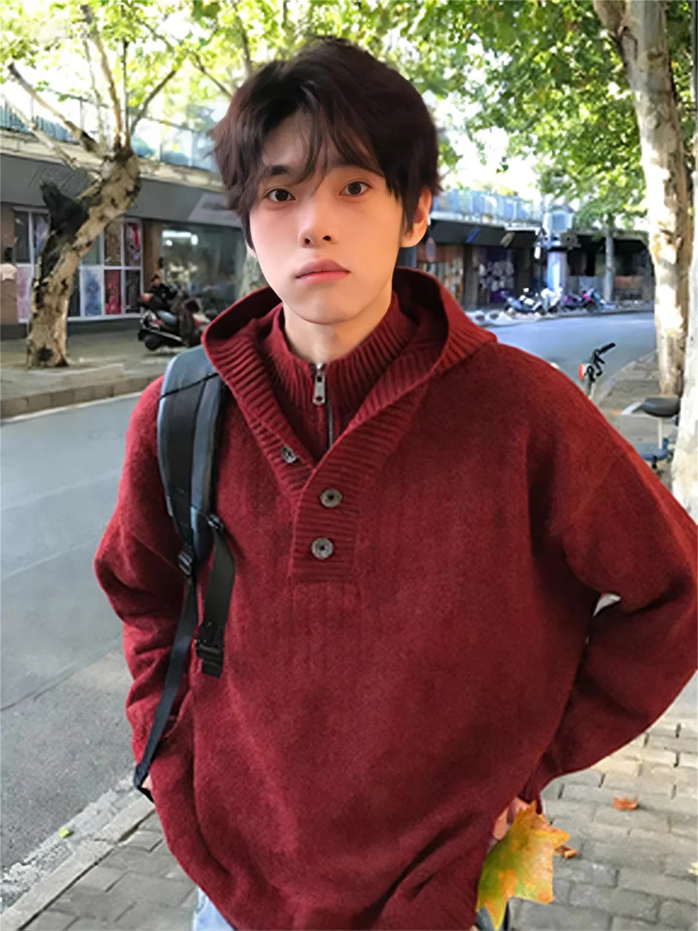 

Red Wine Color High Collar Hoodie Knitted Sweater Men's Sle Autumn Winter Casual Wear Youth Sensation Outerwear Jaet
