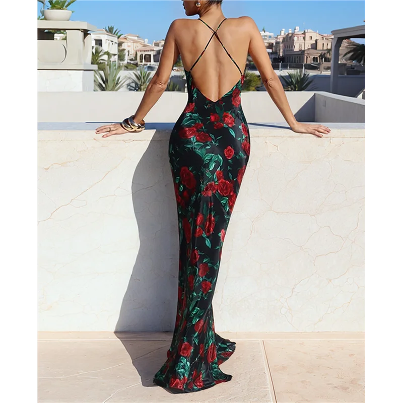 เดรสยาวทรงบอดี้คอนลายดอกไม้สำหรับผู้หญิง สายเดี่ยว รัดรูป เหมาะสำหรับงานปาร์ตี้และคลับ เปิดหลัง