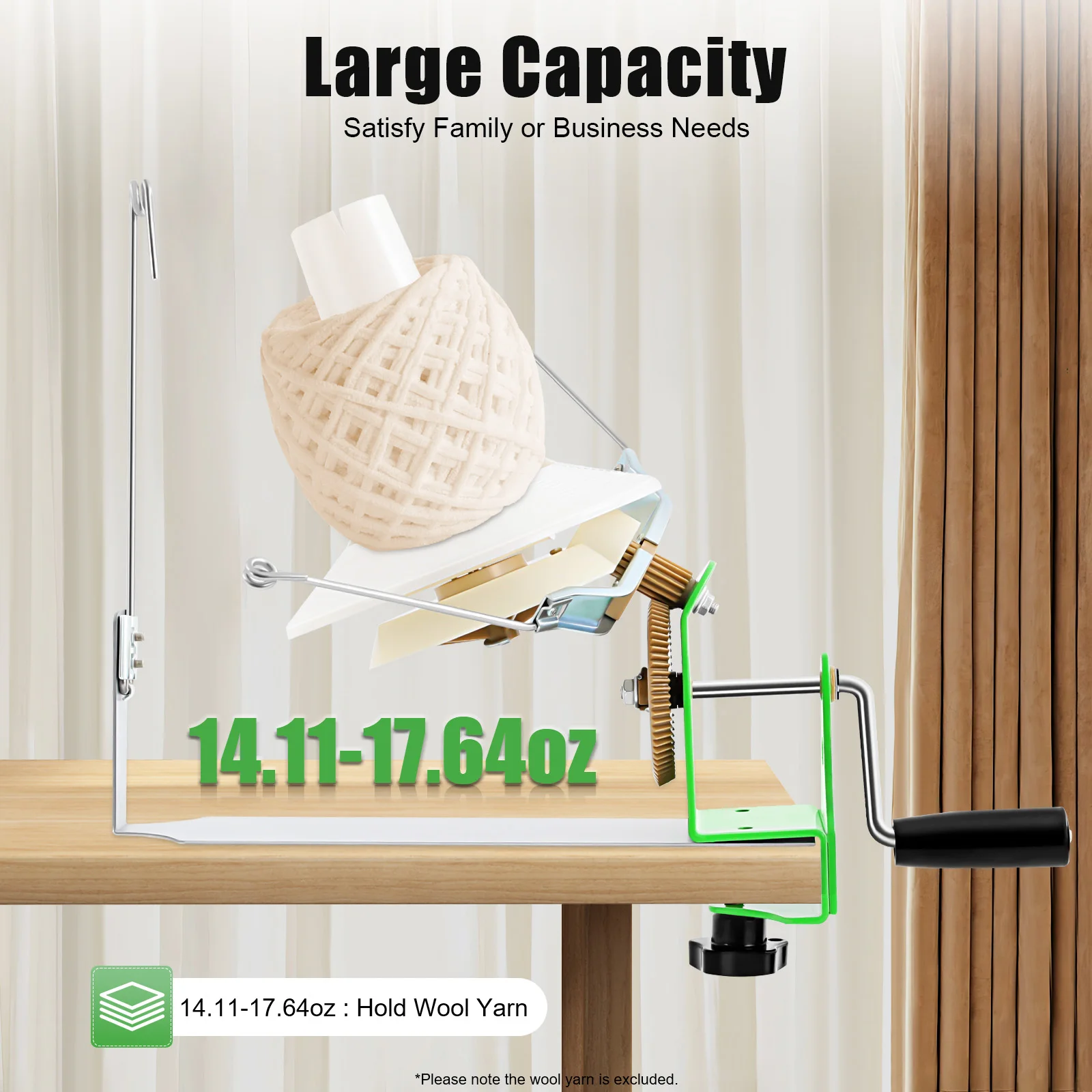 Portable Wool Ball Winder 400-500g Large Capacity Yarn Winder Machine for Knitting, Handmade Arts Crafts, DIY Studio, Home & Factory Use – Easy Install & Clean, with Nylon Gears, Dual-Rod Rocker, Clamp Mount Up to 40mm view 2