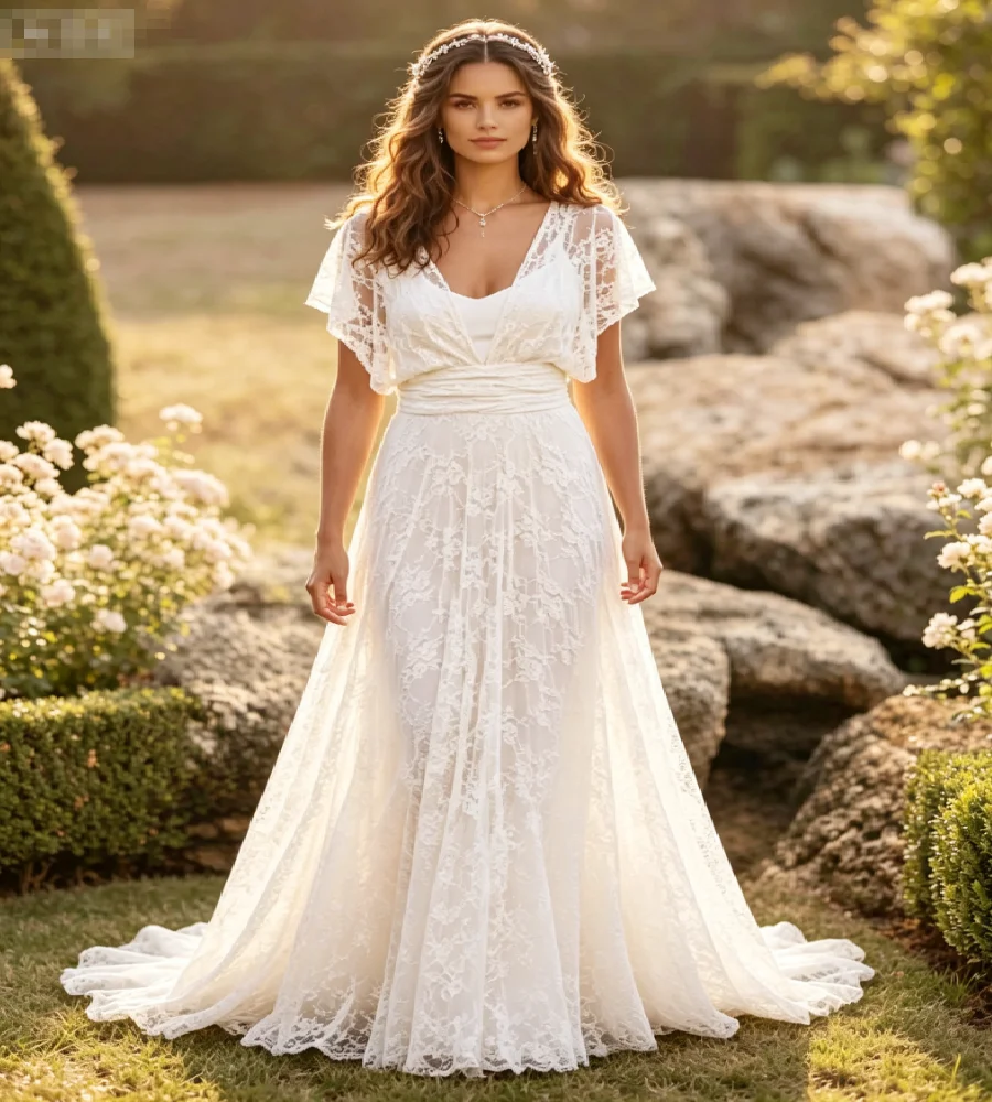 Boho Lace Wedding Dress 2027 Elegant V Neck Flutter A Line Full Lace Elopement Bridal Gown Plus Size Curvy Women Customized