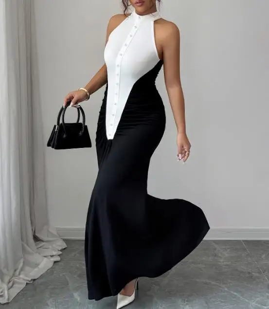 

Women's Elegant Style Color Blocked Bag Hip Long Dress Autumn/Winter Fashion 2025 Trendy Garment