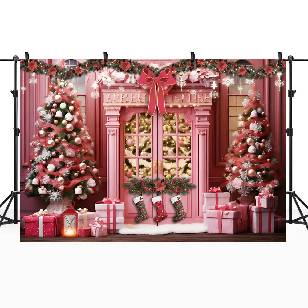 Mocsicka boże narodzenie tło różowy dom choinka pudełko na prezenty płatka śniegu dziewczyna portret tło wesołego wystrój na święta bożego narodzenia Studio