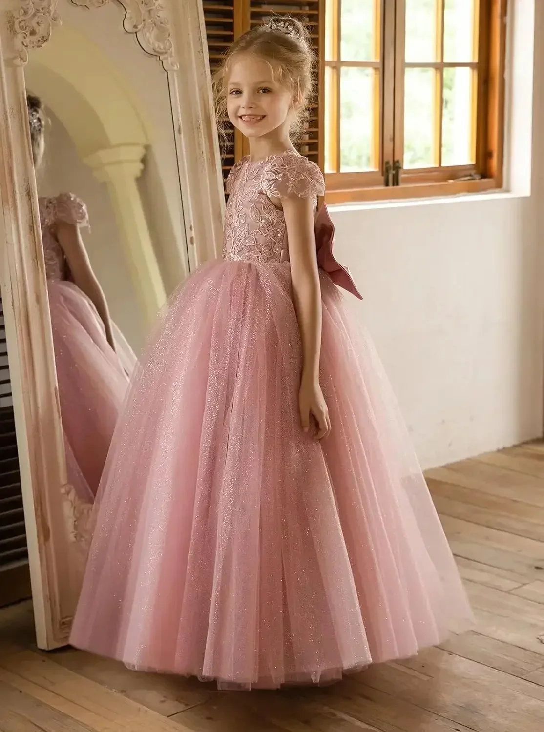 Ragazze manica corta pizzo ricamato tulle abito da ballo fiocco posteriore dettaglio occasione formale matrimonio fiore ragazza compleanno celebrazione Dre