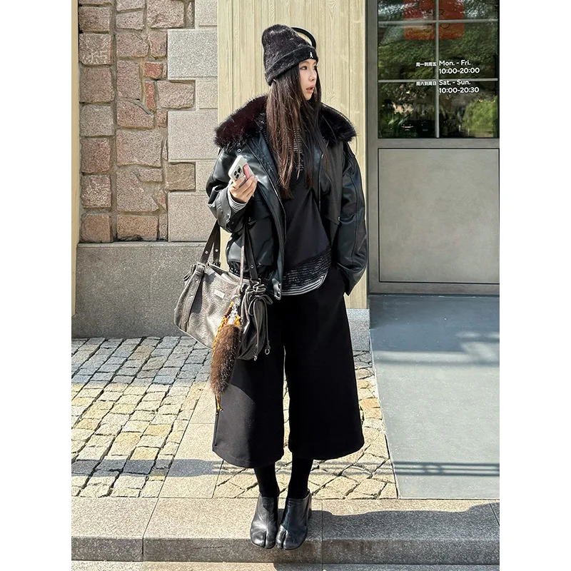 Benuynffy 2025, Herbst-Winter, Schwarz, mit Reißverschluss, Kunstleder, Jacke, Damen, Streetwear, abnehmbarer Pelzkragen, dick, warm, modisch, Outwears