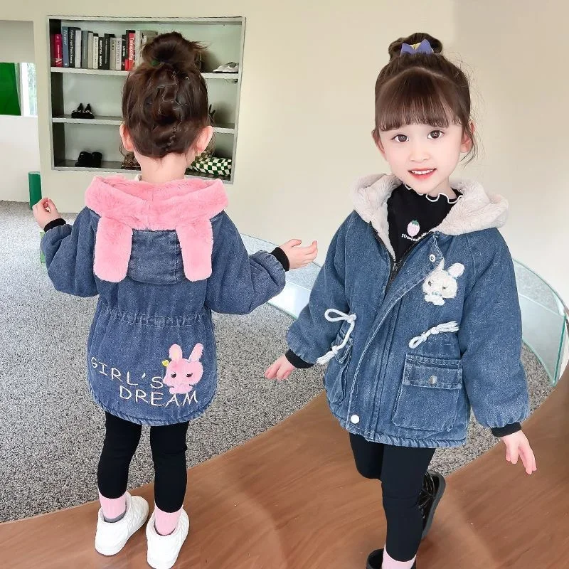 

Girls Coat Jacket Cotton Windproof Outwear 2024 Cute Jean Warm Thicken Velvet Winter Skiwear Children's Clothing