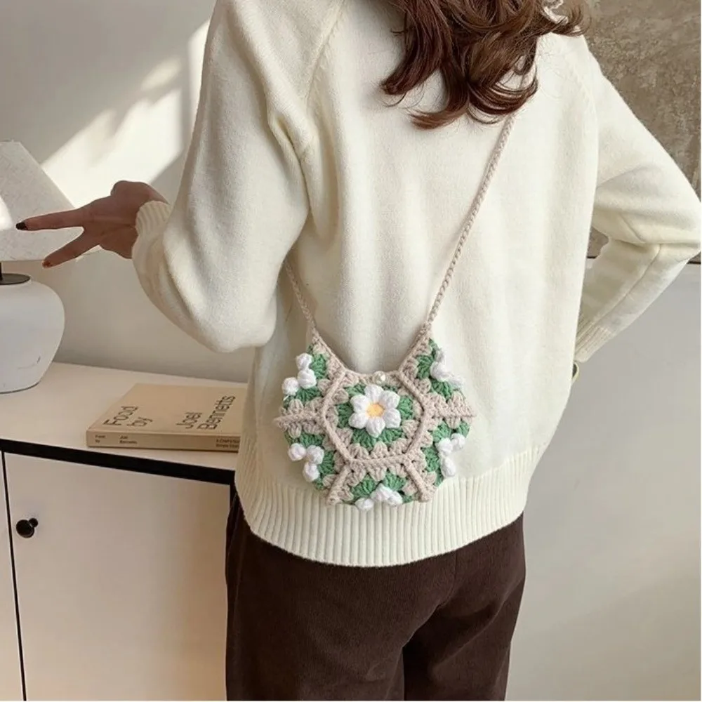 Sweet Handmade Crochet Crossbody Bag Flower Pattern Fabric Yarn Shoulder Bag Knitted Armpit Bag image 4