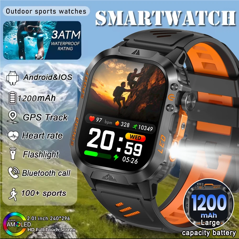 

GPS Outdoor Sports Smart Watch For Men 2.01-Inch HD Bluetooth Call 1200mAh Battery Compass Flashlight Smartwatches Android iOS