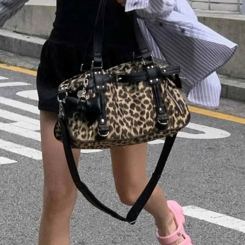 JIAERDI Harajuku Leopard Print Y2k Shoulder Bags Women Hot Girls Nylon Cute Handbag Ladies Vintage Tote Underarm Bag Aesthetic