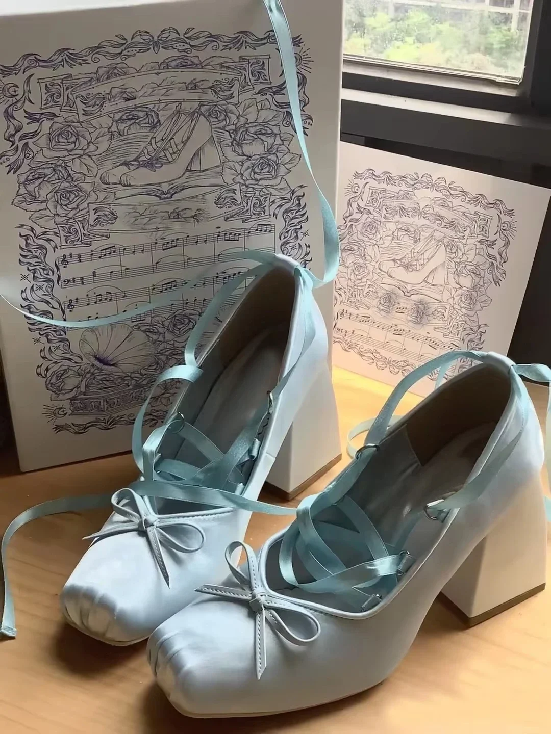 

Sweet Blue Silk Square Heel Ballet Flats Elegant Cross Strap Bow Design Mary Jane Pumps Women's Shallow Dress Shoes Large Size
