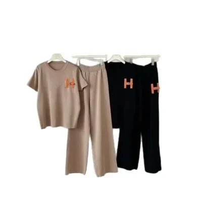 صيف جديد المرأة الحرير الجليد محبوك مجموعة جولة الرقبة طويلة الأكمام سراويل تقليدية الزي مريحة للتنفس المألوف المرأة En