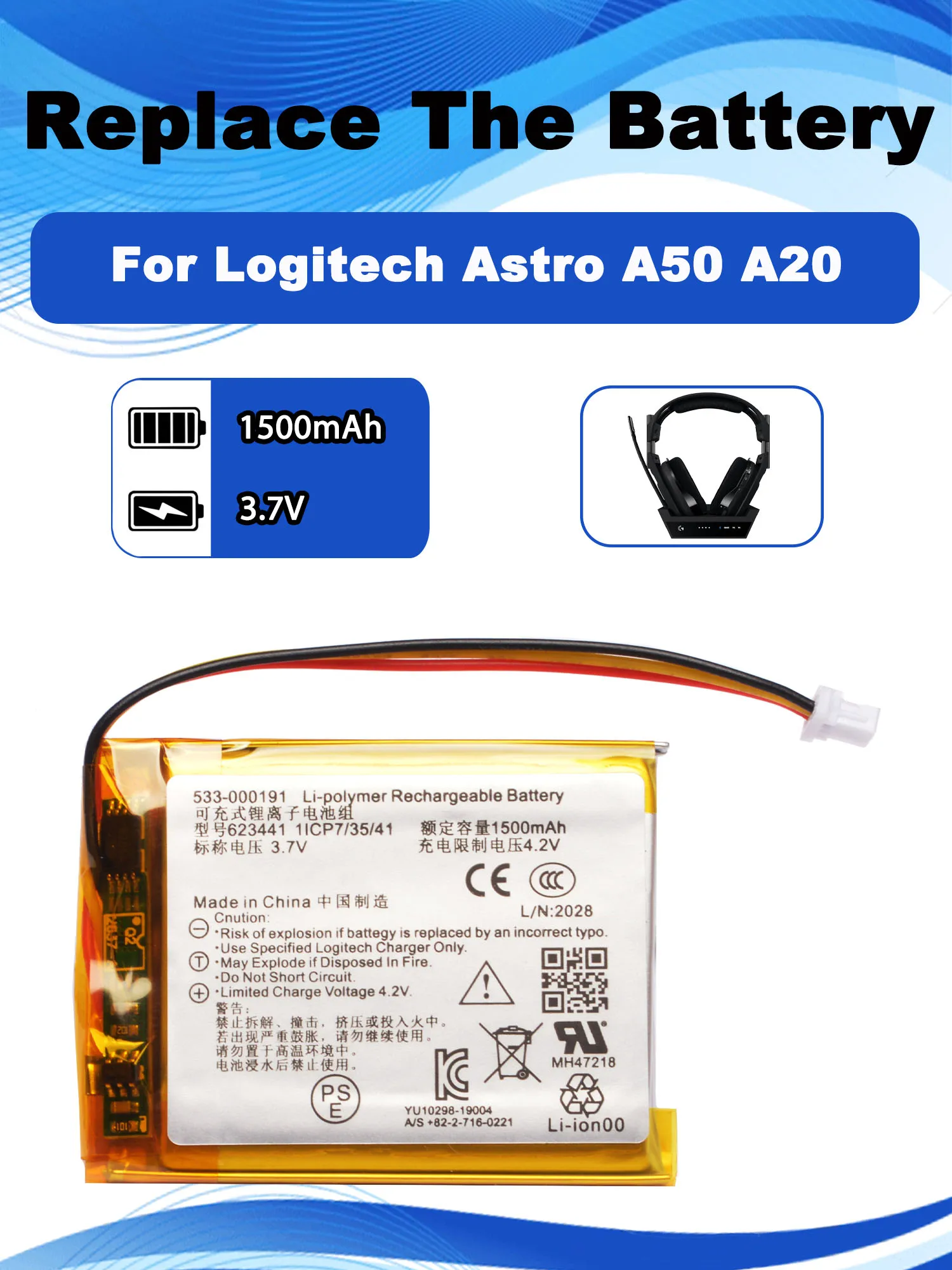 3.7V 1500mAh Replacement Battery For Logitech Astro A50 A20 Wireless Headset Accumulator Batteria 533-000191