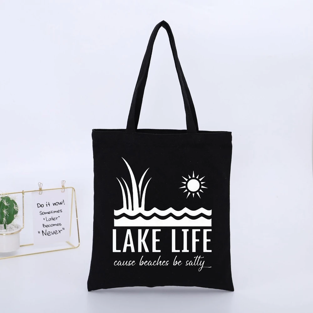 Lake Life Quote Canvas Tote Bag with Nature Graphic, Casual Summer Outdoor Shopping Bag