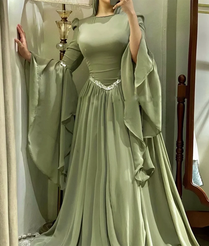 Customized Delicate Chiffon A-Line Crystal Flare sleeves Evening Dress High Quality Long Sleeves O-neck Floor Length Party Gowns