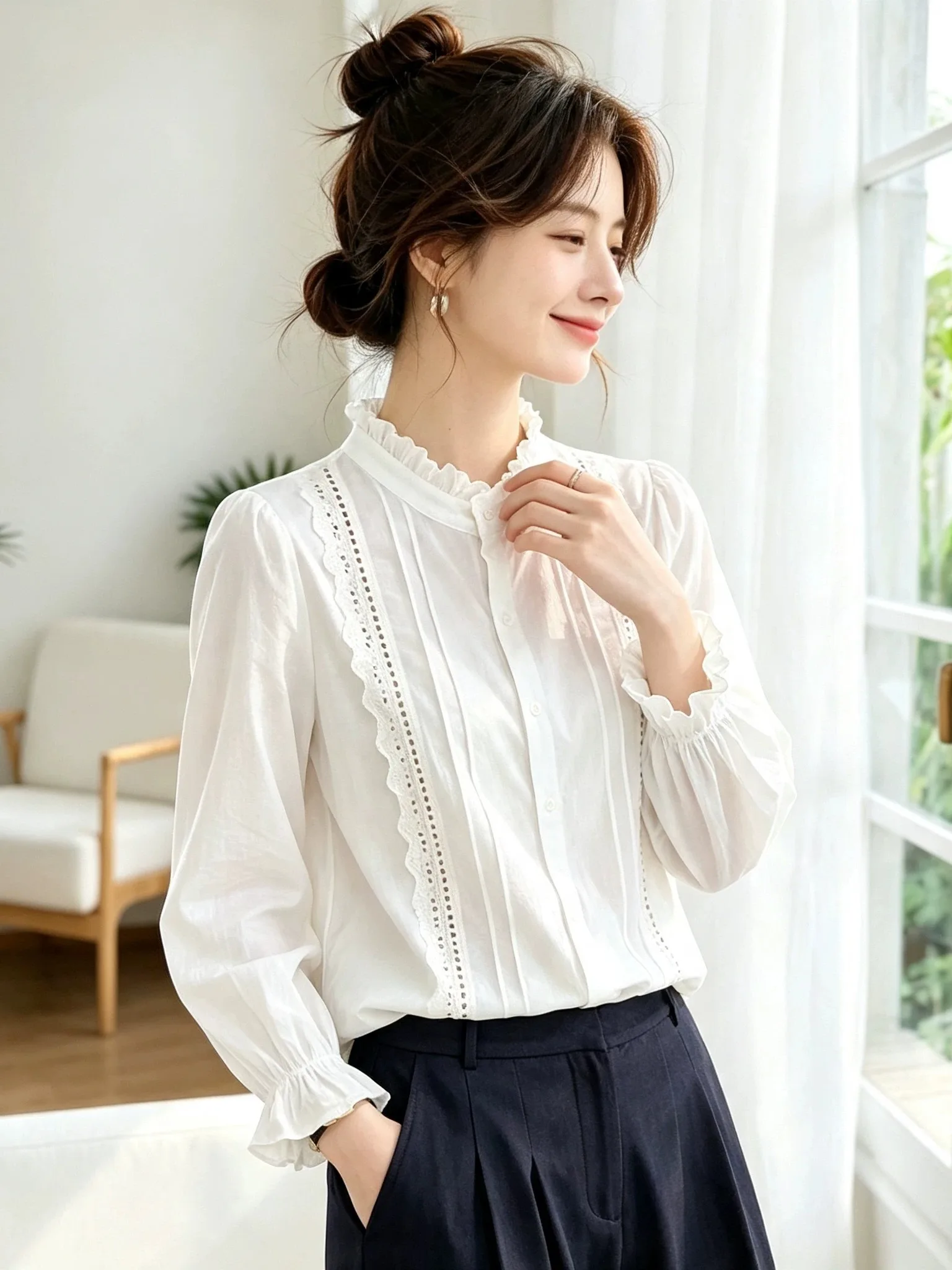 Women's Loose Long Sleeve White Shirt Lace Hollow out Splicing Design Sense Top French Style Polyester Fiber 100% Open Cardigan