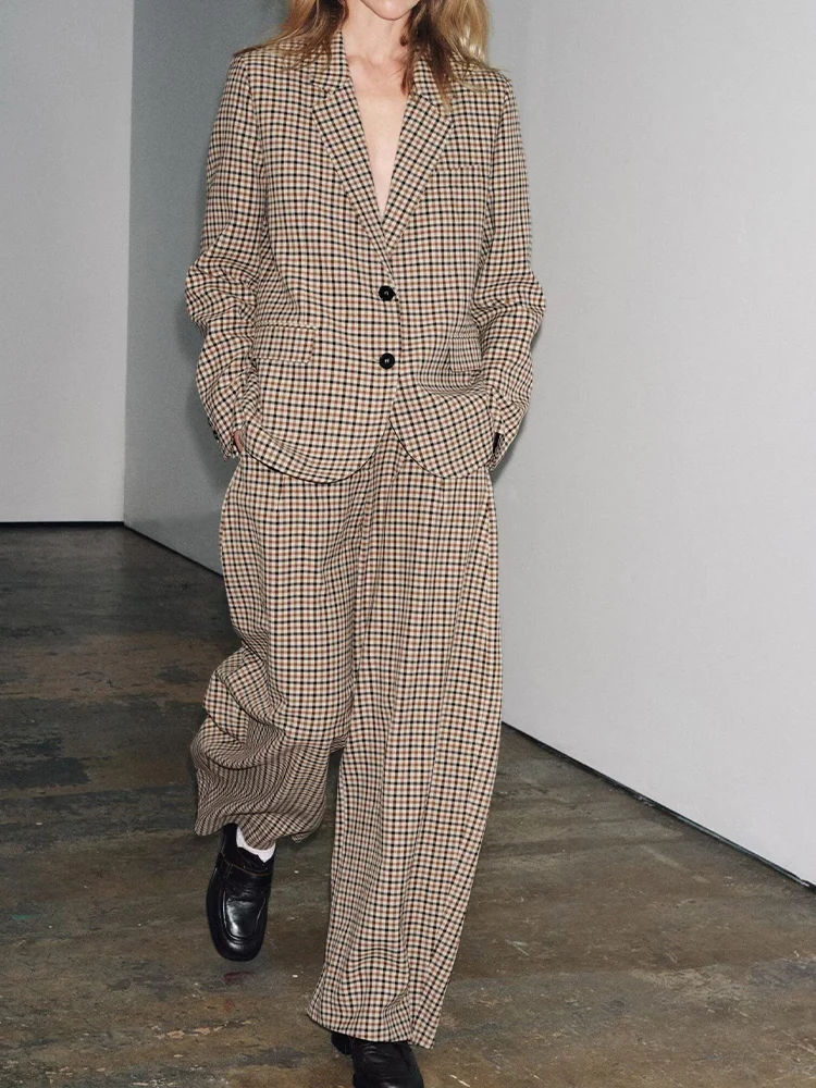 

Европейский и американский стиль, осенняя новая модная тенденция, женская одежда, универсальный клетчатый костюм с прямым вырезом, куртка, брюки со средней талией