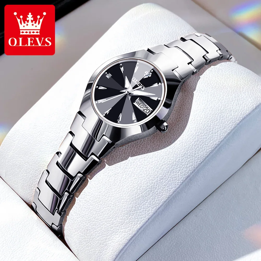 OLEVS Tungsten steel Ladies\' Watches Set Rhombus Mirror Waterproof Luminous Calendar Gold Wristwatch Quartz Watch for Women Set